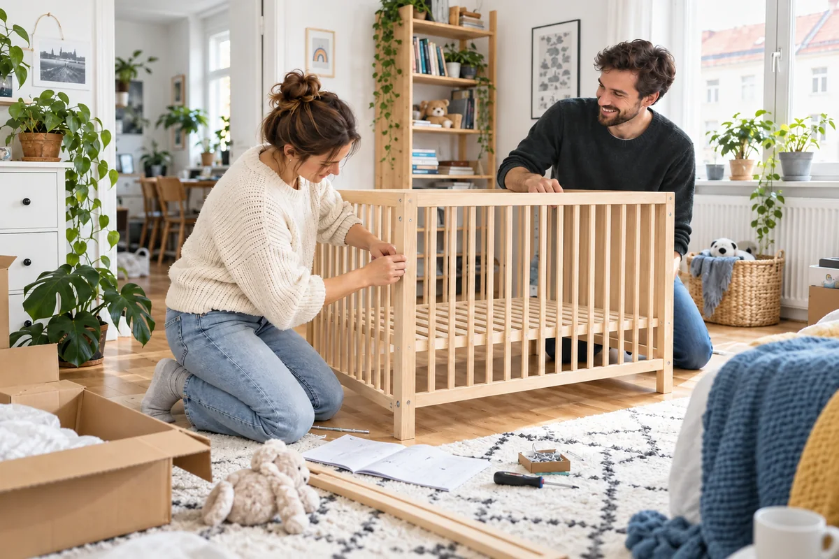 Junge Eltern bauen ein Babybett auf