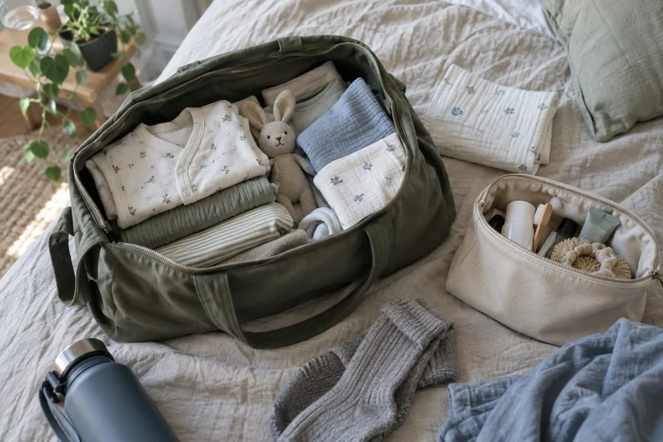 Babykleidung und wichtige Utensilien liegen übersichtlich bereit