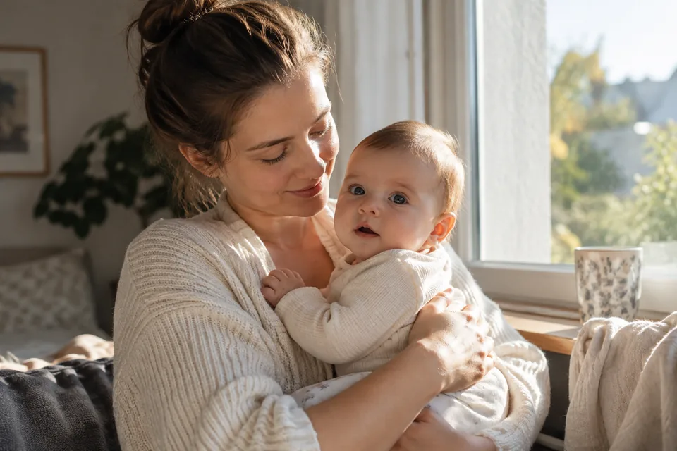 Eine Mutter mit ihrem Baby am Fenster
