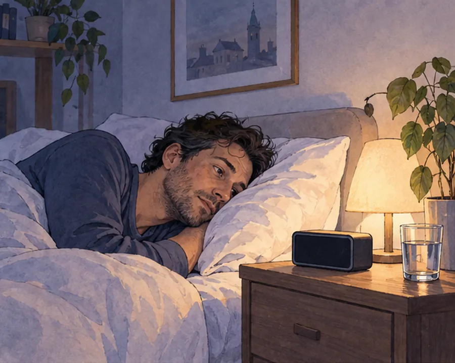 Mann liegt nachts wach im Bett