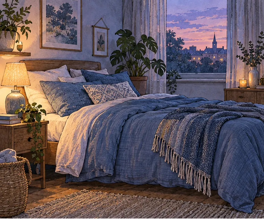 Ruhiges Schlafzimmer mit warmem Licht und blauer Bettwäsche