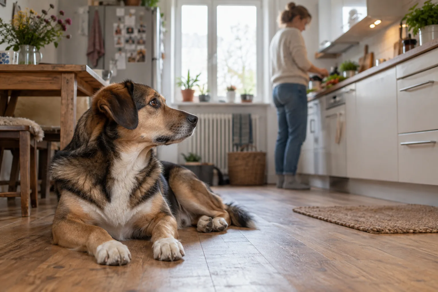 Mischlingshund liegt aufmerksam in einer bewohnten Küche
