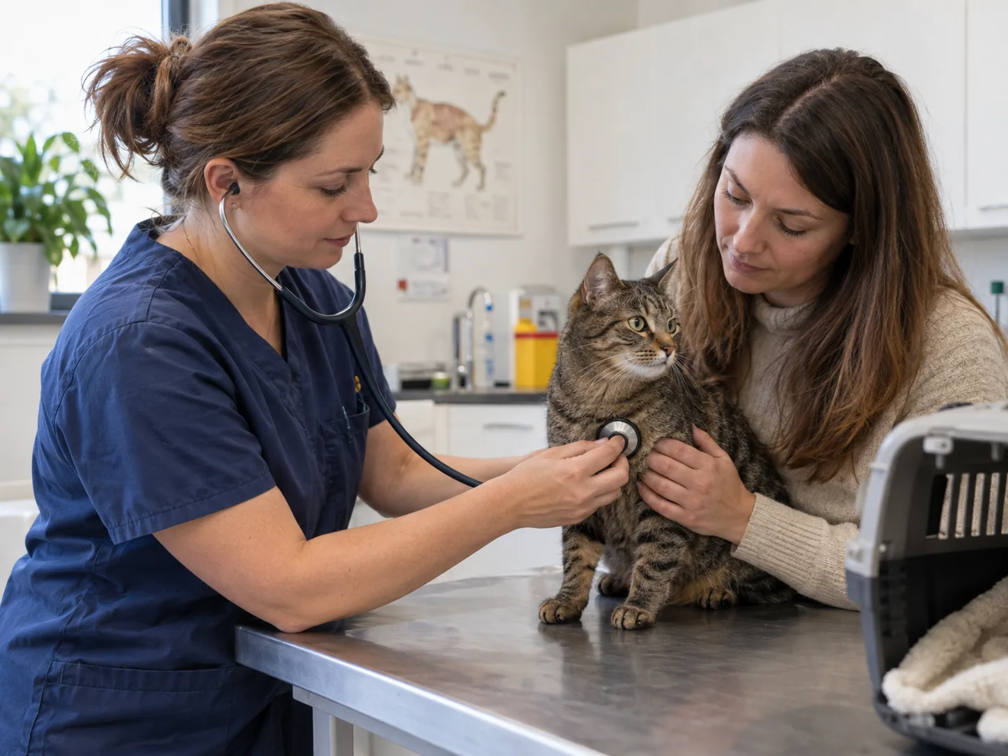 Tierärztin untersucht eine Katze in Anwesenheit ihrer Halterin