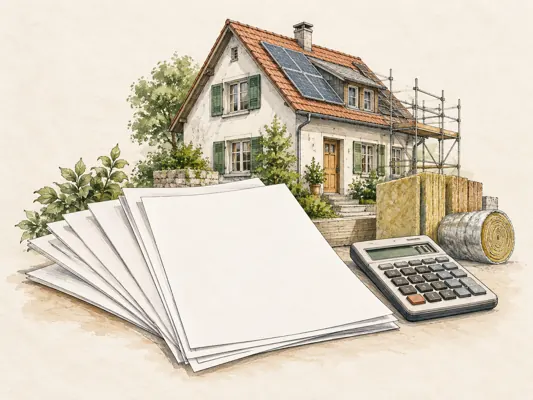 Illustration eines Hauses mit Förderunterlagen und Taschenrechner