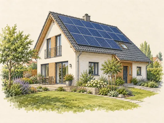 Illustration eines Hauses mit Solarmodulen auf dem Dach