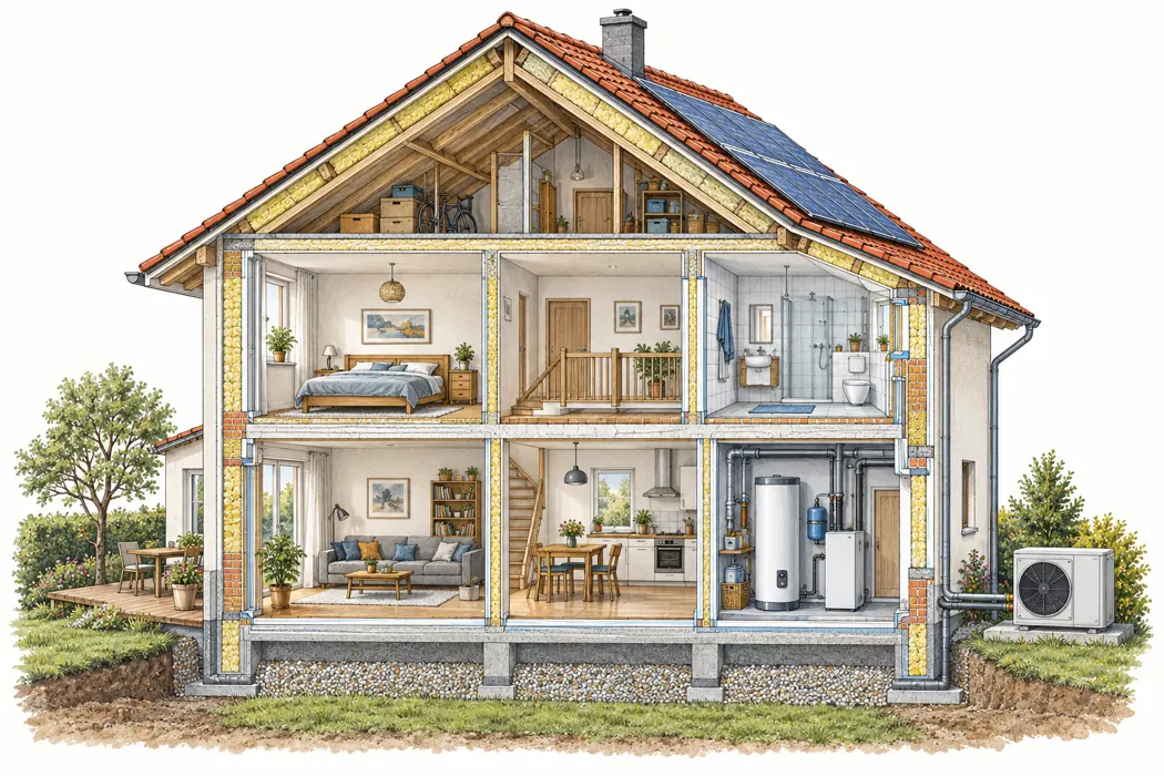 Illustrierter Querschnitt eines Hauses mit Dämmung, Solaranlage und Wärmepumpe