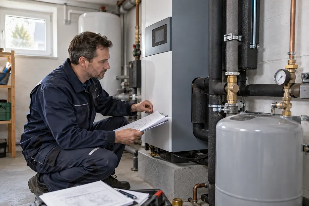 Heizungstechniker prüft Anschlüsse im Hauswirtschaftsraum