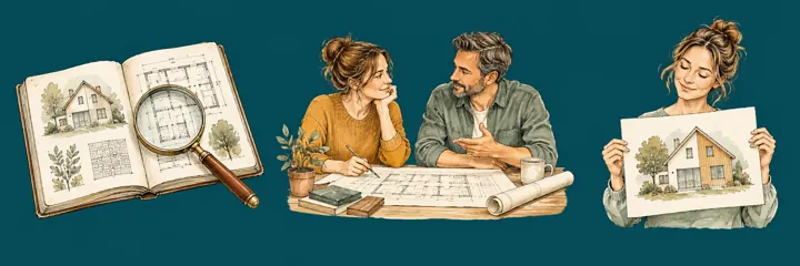 Illustrierte Motive für Recherche, Gespräch und Hausplanung