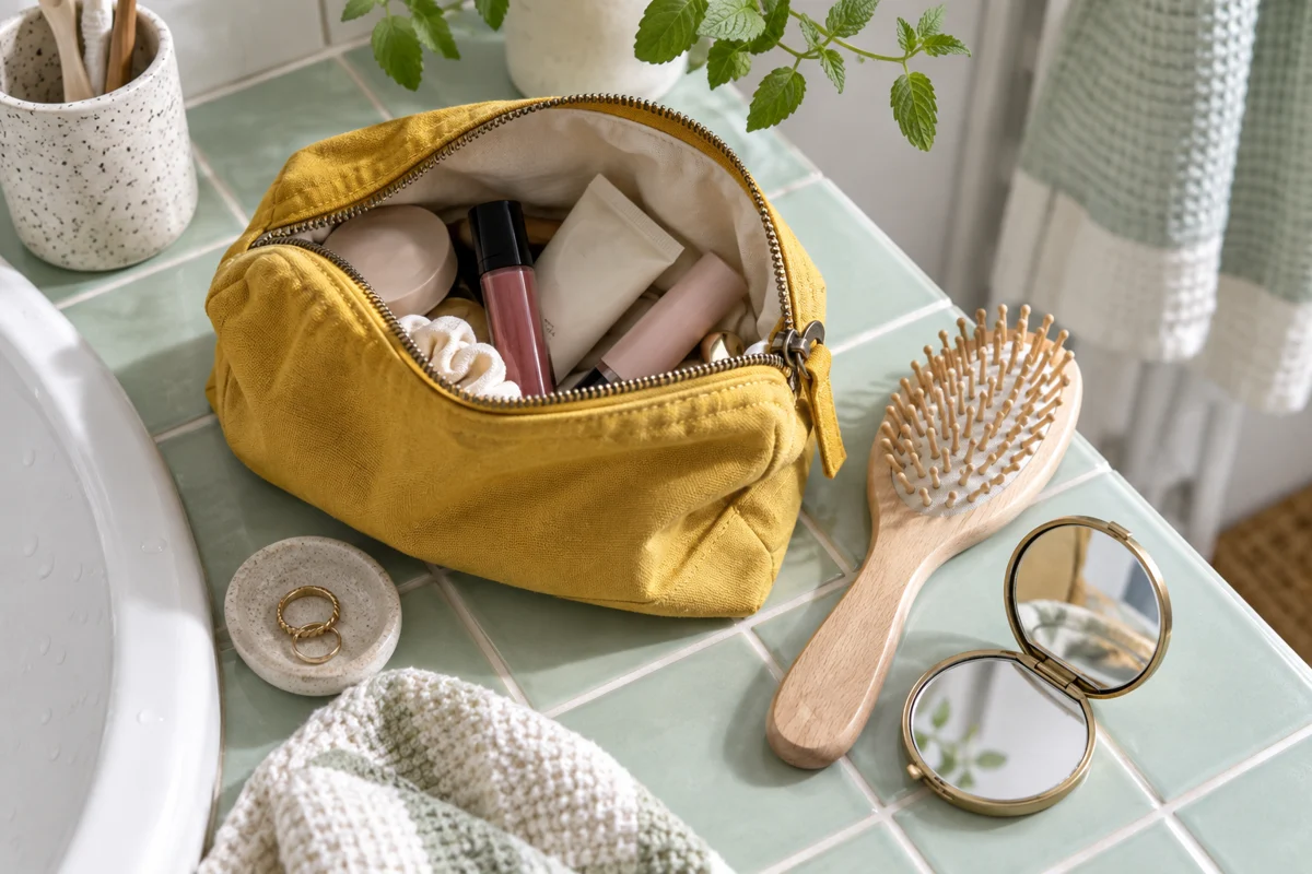 Geöffnete gelbe Kosmetiktasche mit wenigen Pflege- und Make-up-Produkten