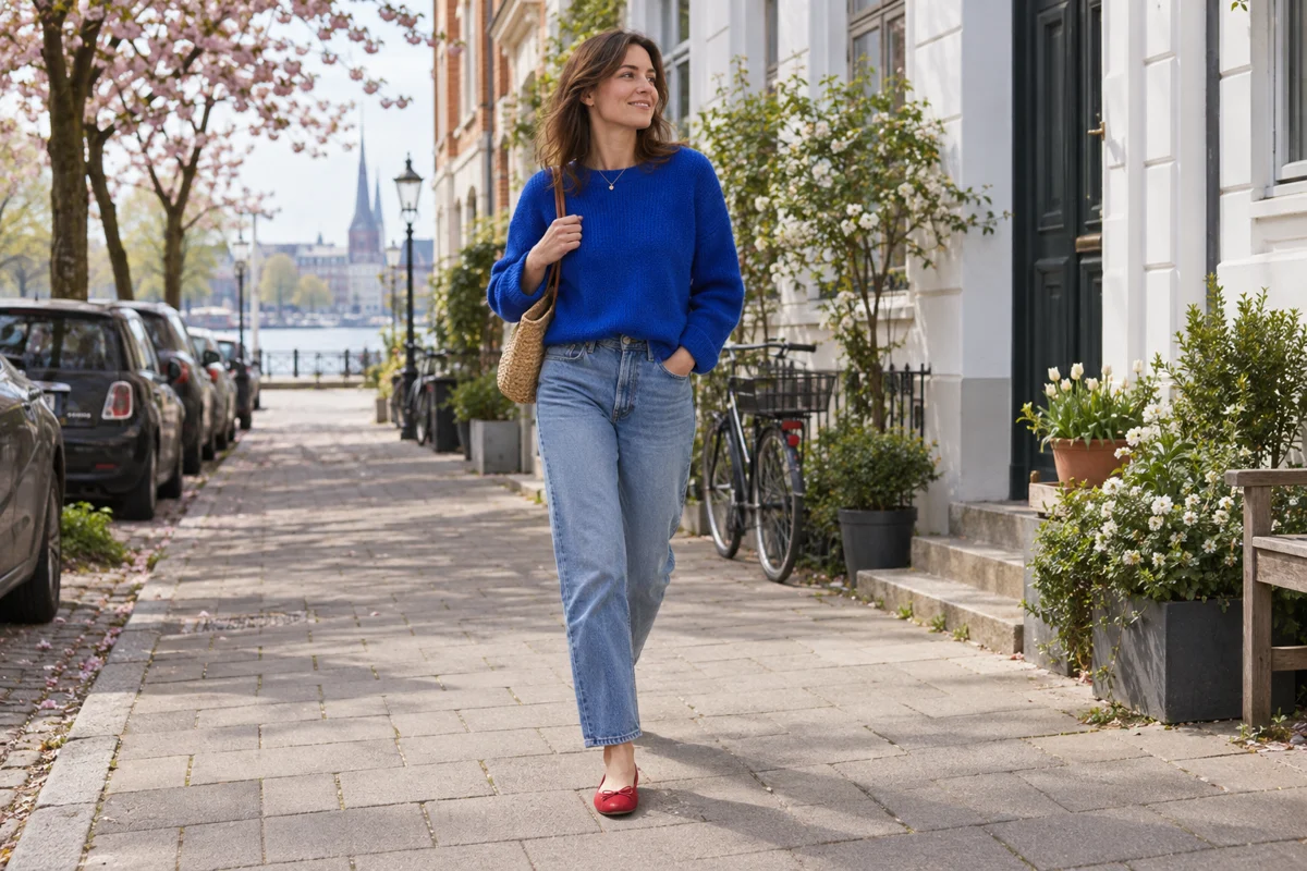 Frau in Jeans und blauem Pullover unterwegs auf einer deutschen Stadtstraße