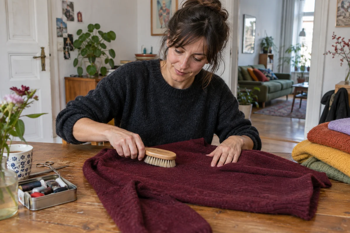 Hände pflegen einen weinroten Strickpullover mit einer Kleiderbürste
