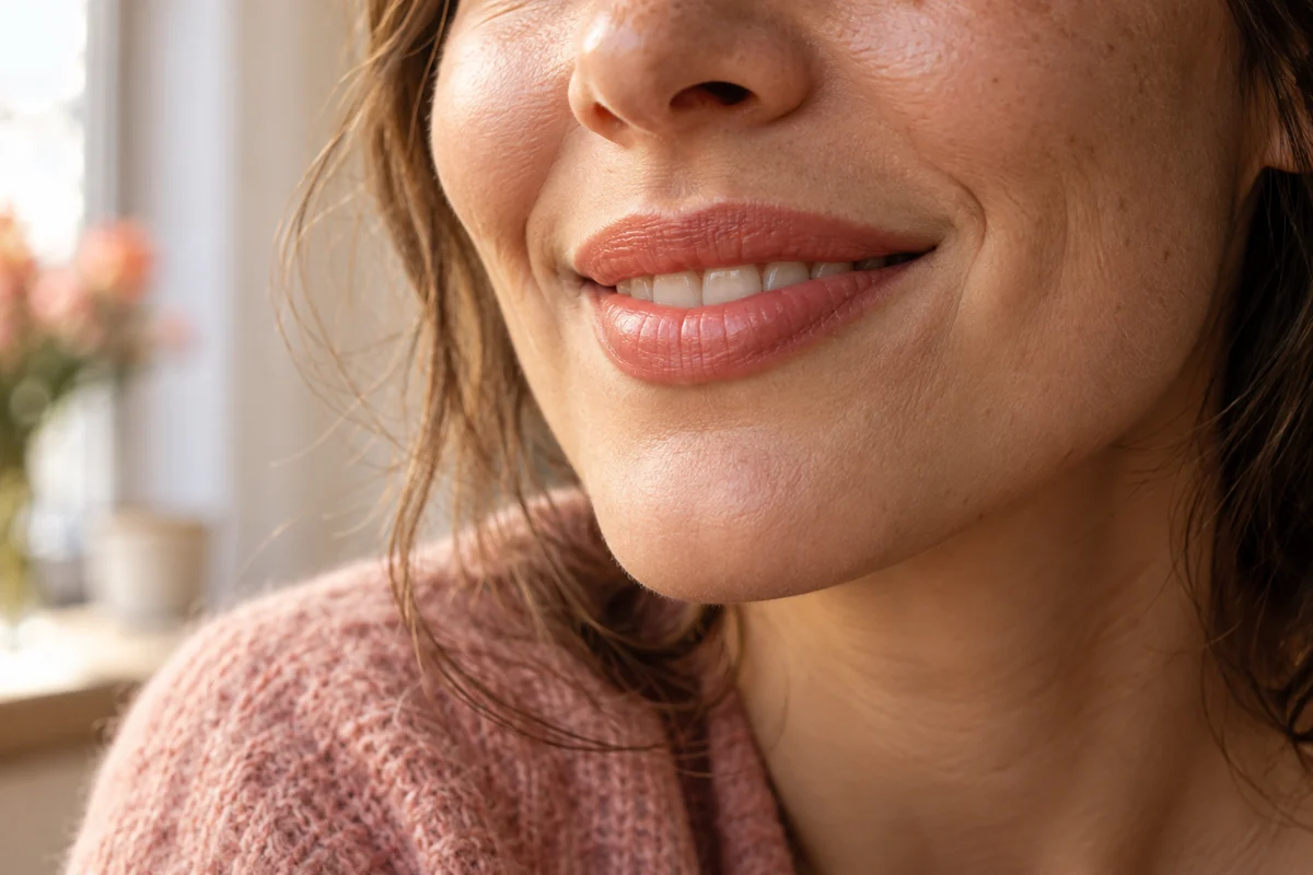 Nahaufnahme eines natürlichen Gesichts mit korallfarbener Lippenfarbe