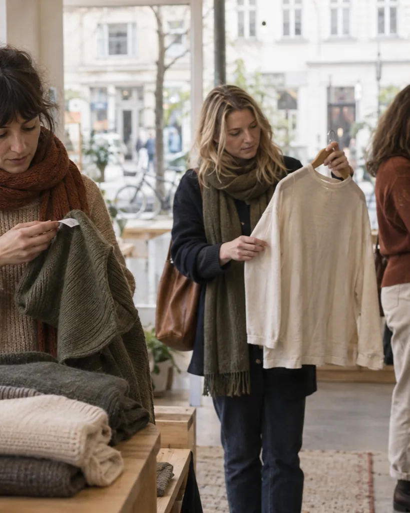 Drei Frauen sehen sich in einem hellen Modegeschäft Kleidung und Materialetiketten an