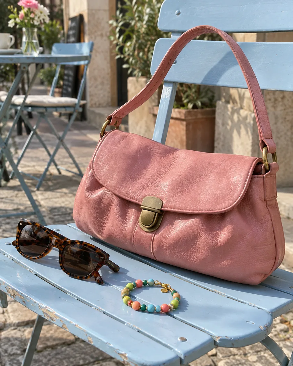 Rosa Tasche mit Sonnenbrille und buntem Armband auf einem hellblauen Café-Stuhl