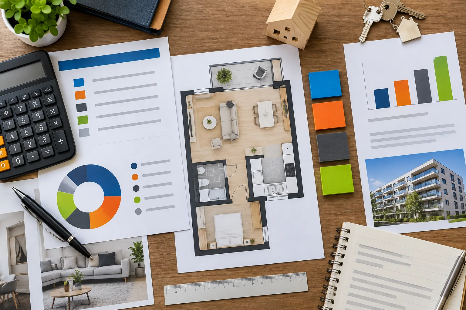 Bildgrafik mit Grundriss, Rechner und Kostenplanung für einen Immobilienkauf