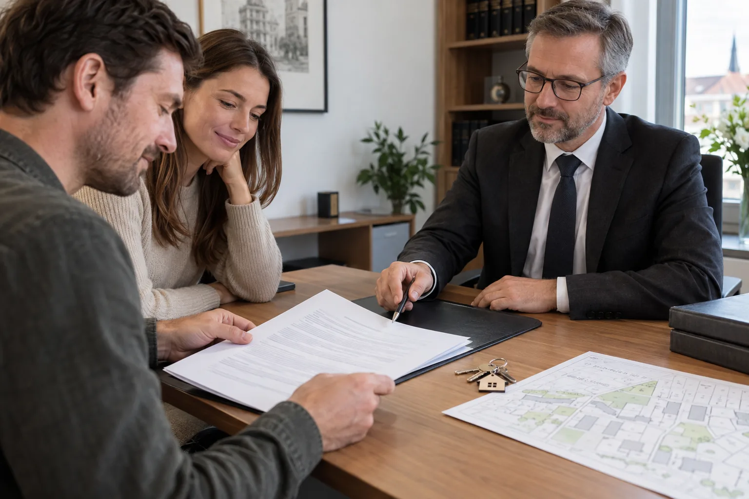 Käufer besprechen Unterlagen für einen Immobilienkauf