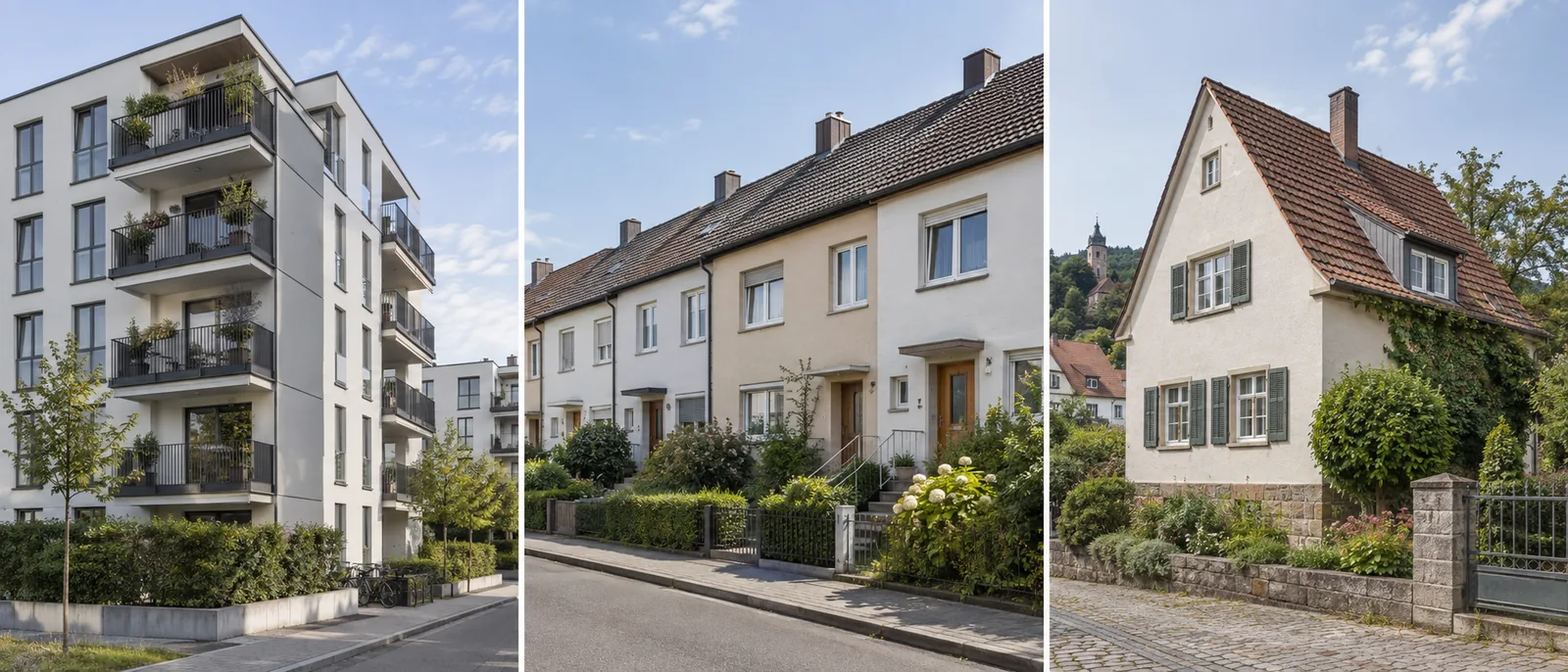 Fotografischer Vergleich von Wohnung, Reihenhaus und Bestandshaus