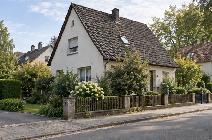 Einfamilienhaus mit Garten in einer deutschen Wohnstraße