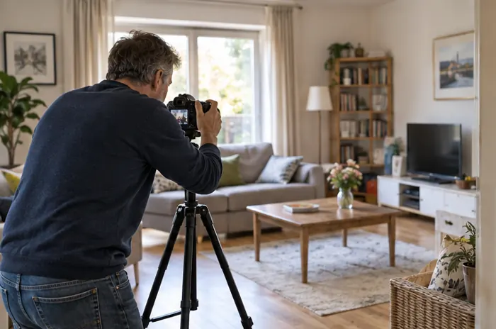 Mann fotografiert einen Wohnraum mit einer Kamera auf Stativ