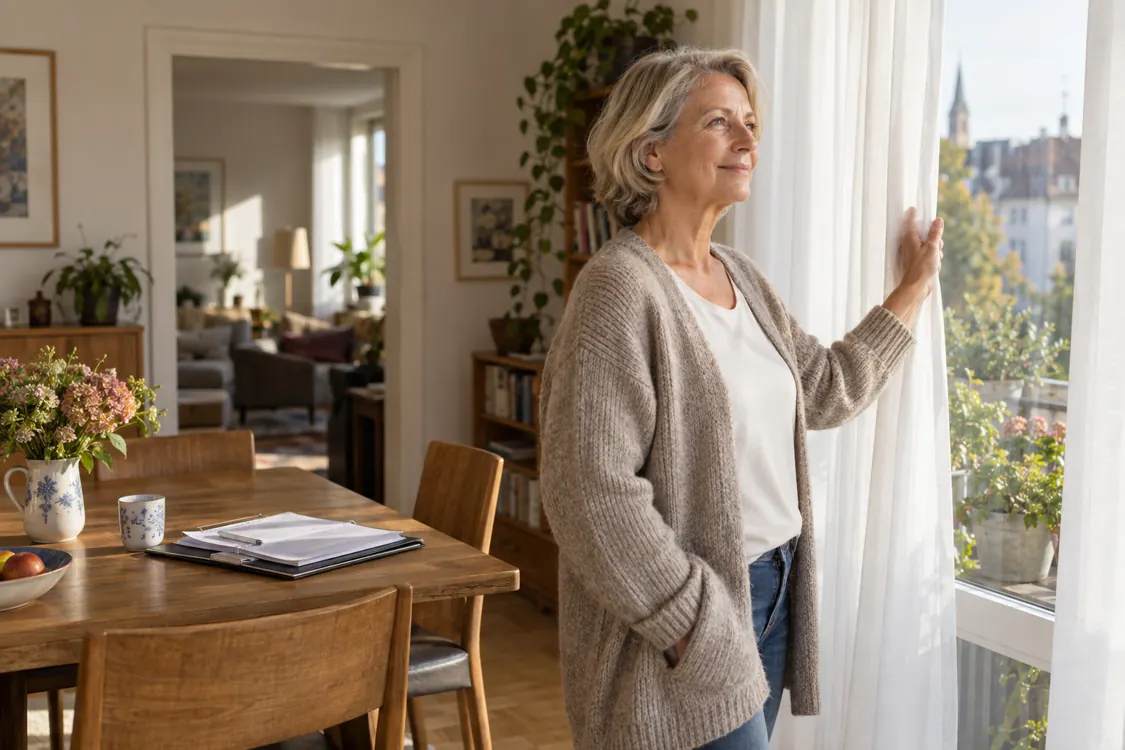 Eigentümerin steht in ihrer Wohnung am Fenster