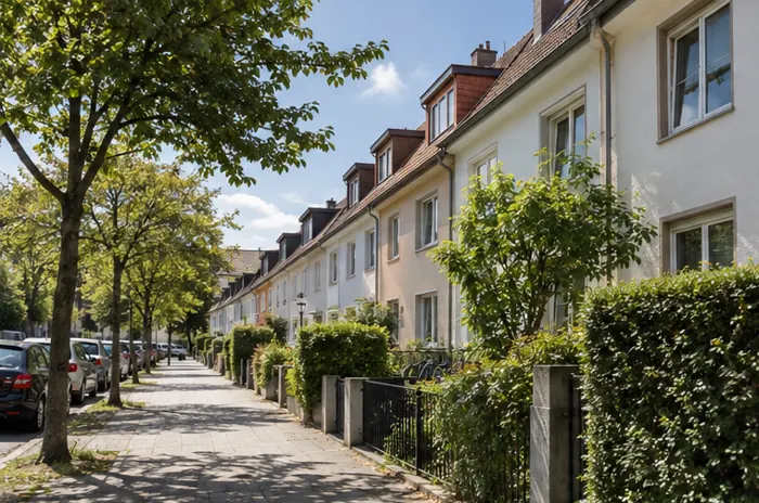 Wohnstraße mit Reihenhäusern in Deutschland