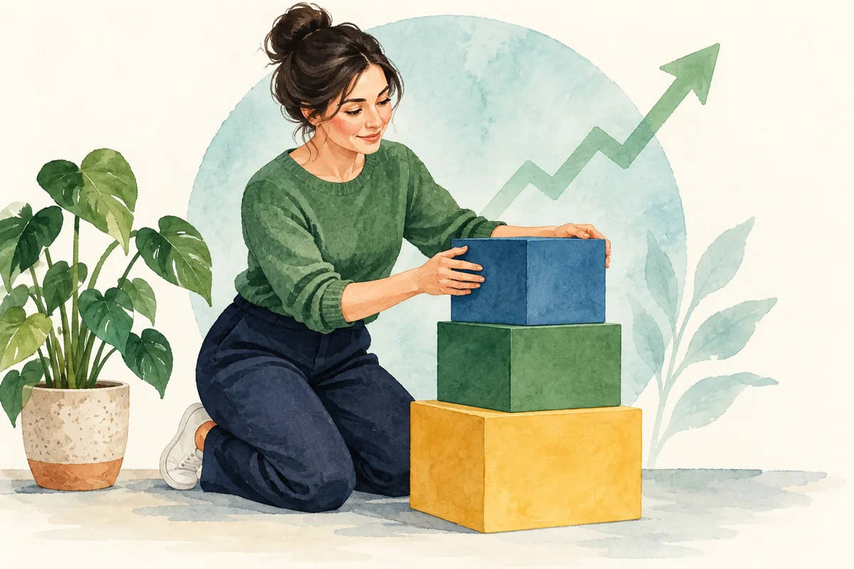 Illustration: Frau ordnet Bausteine für ihre Finanzplanung