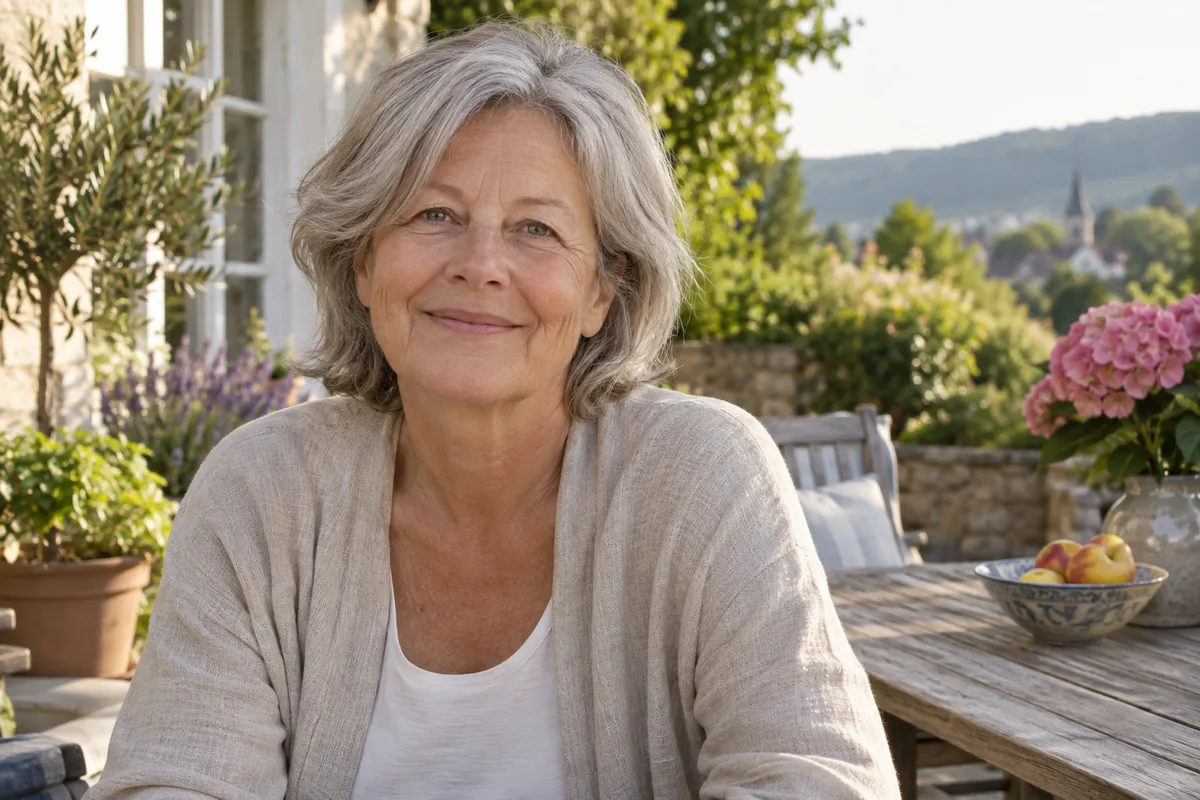 Frau auf einer Gartenterrasse