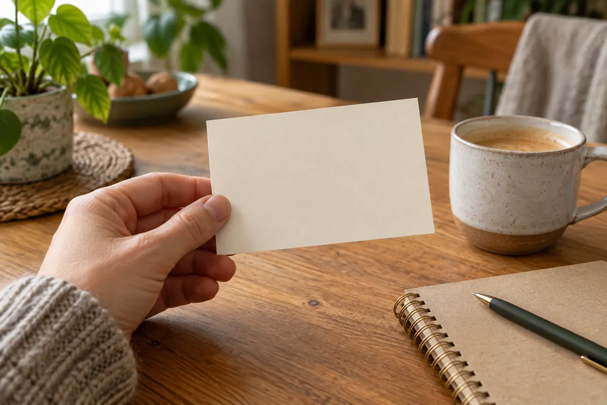 Notizzettel neben Kaffee und Notizbuch