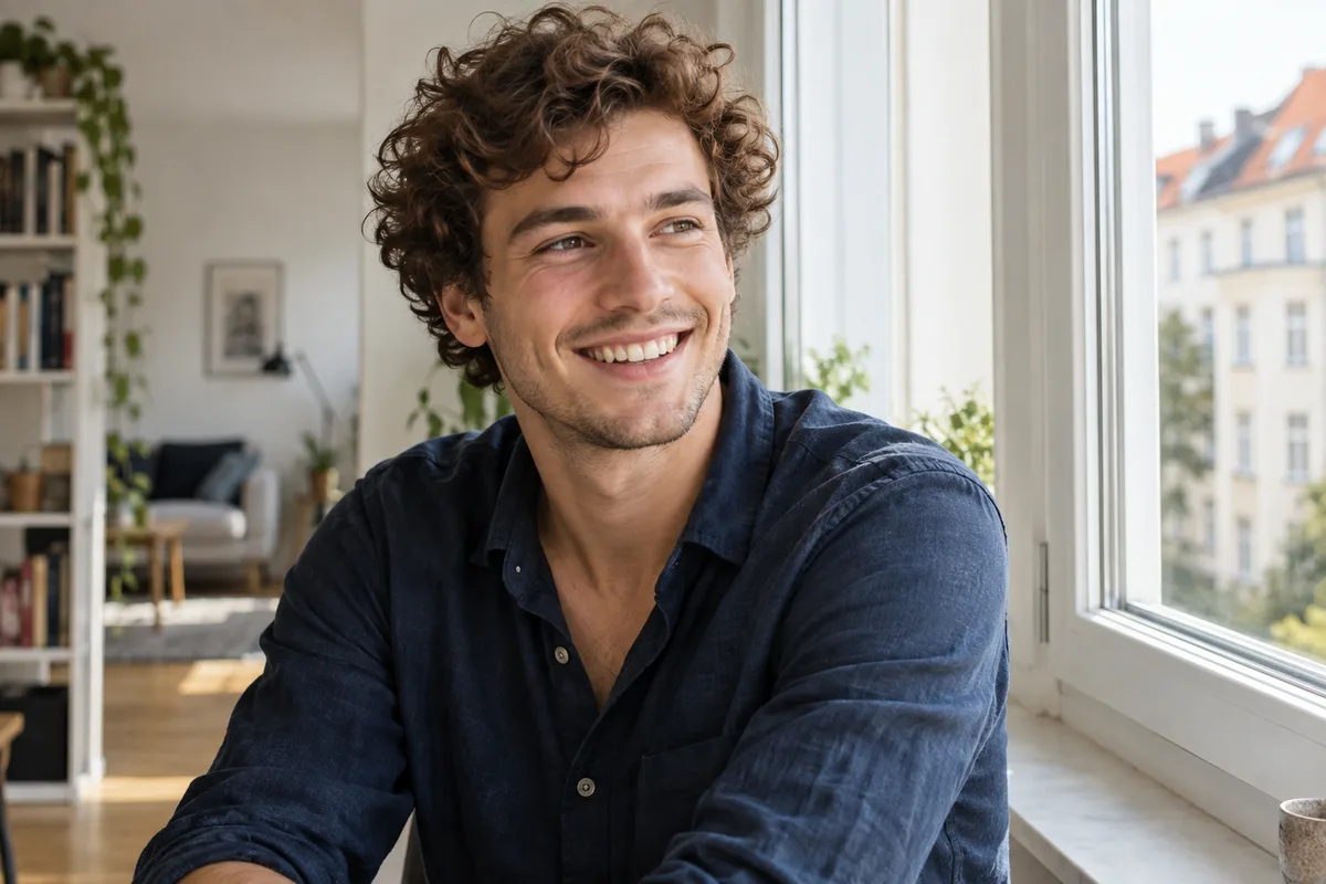 Junger Mann in einer hellen Wohnung