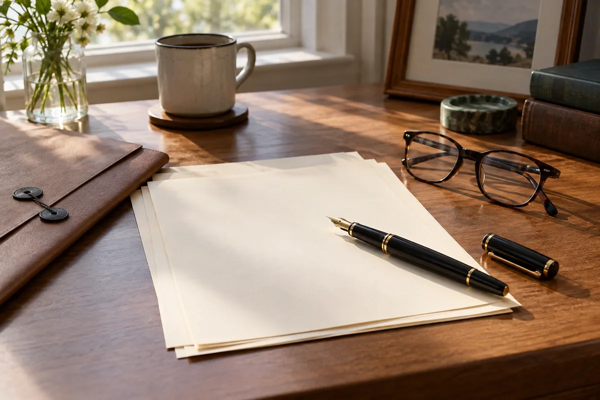 Unterlagen, Stift und Brille auf dem Schreibtisch