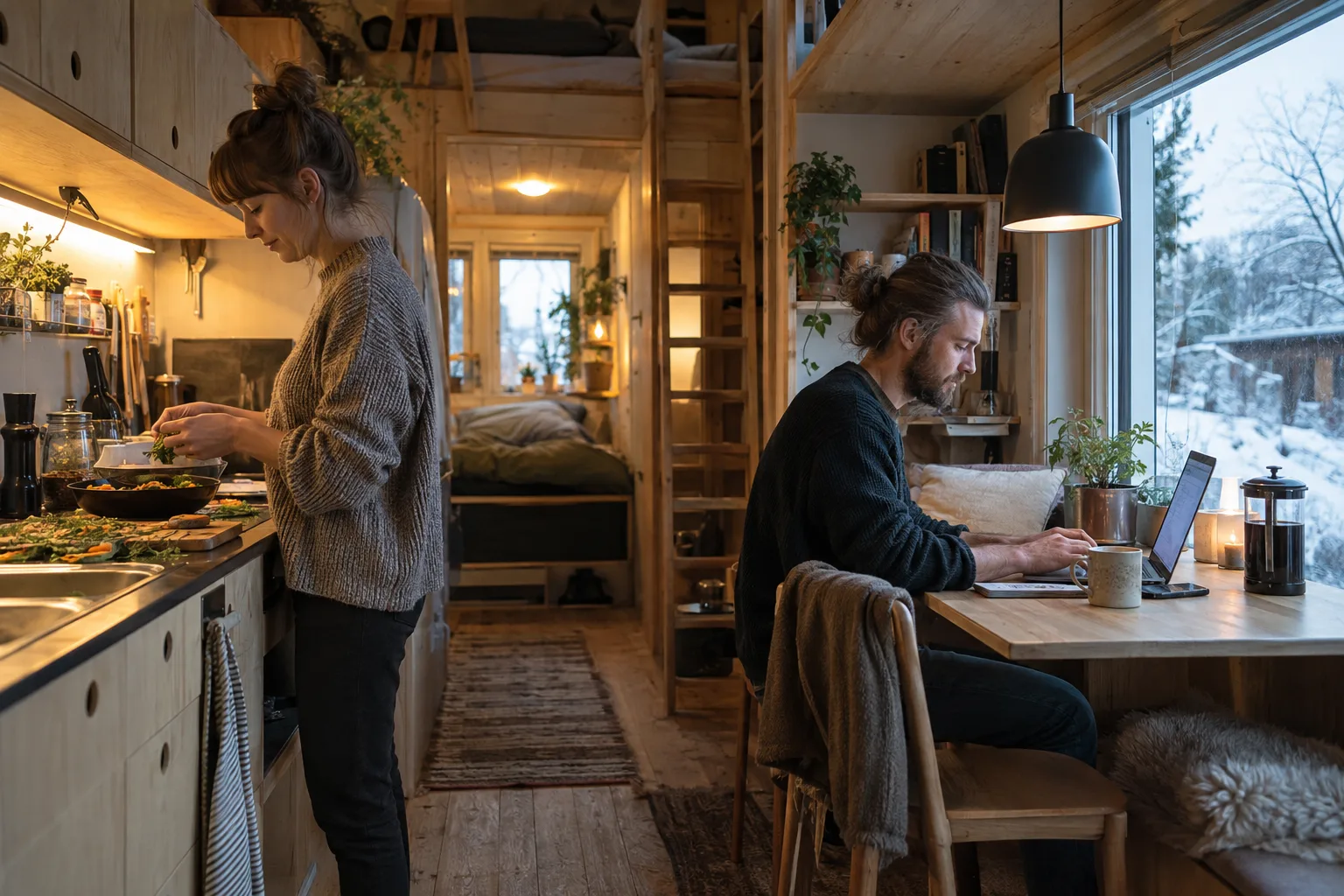 Paar kocht und arbeitet im Alltag eines Tiny Houses