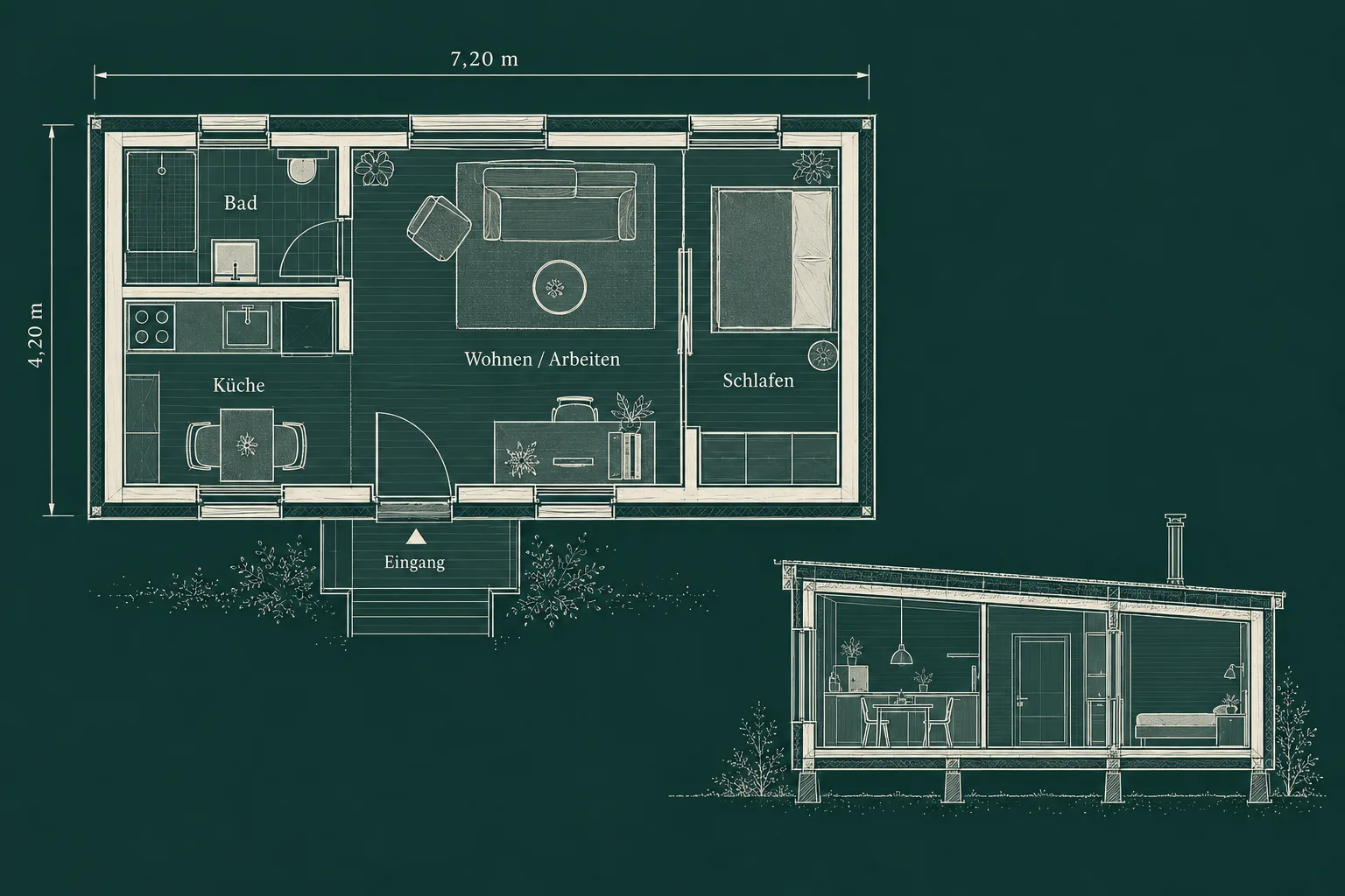 Vollständige Grundrissgrafik eines Tiny Houses mit Bemaßung und Gebäudeschnitt
