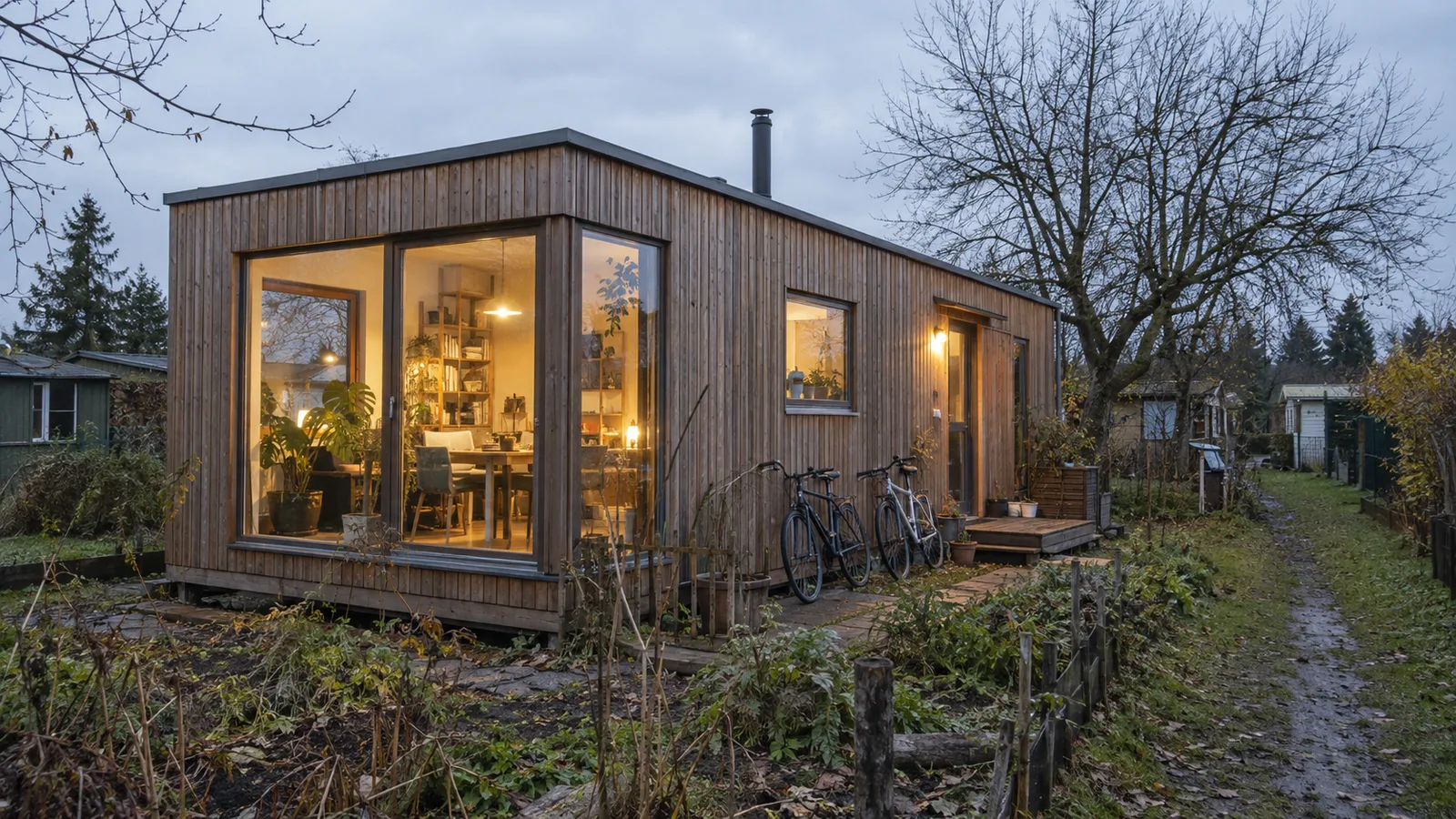 Bewohntes Tiny House aus Holz in einem Garten