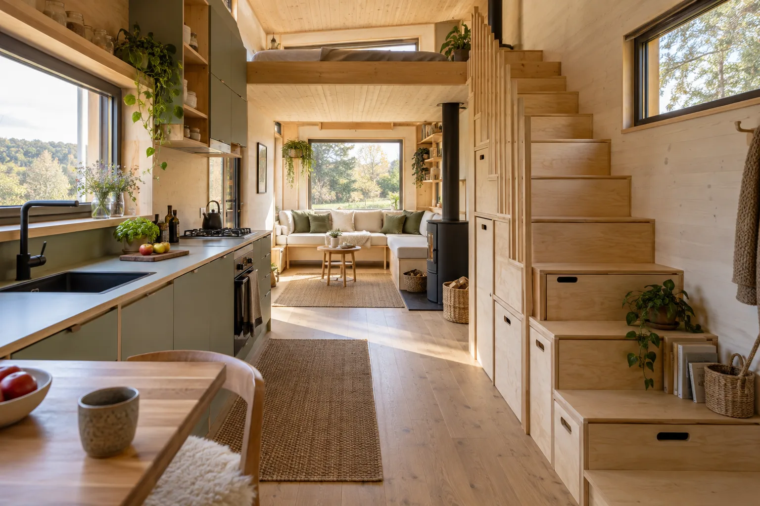 Tiny-House-Innenraum mit Stauraumtreppe, kompakter Küche und hellem Wohnbereich