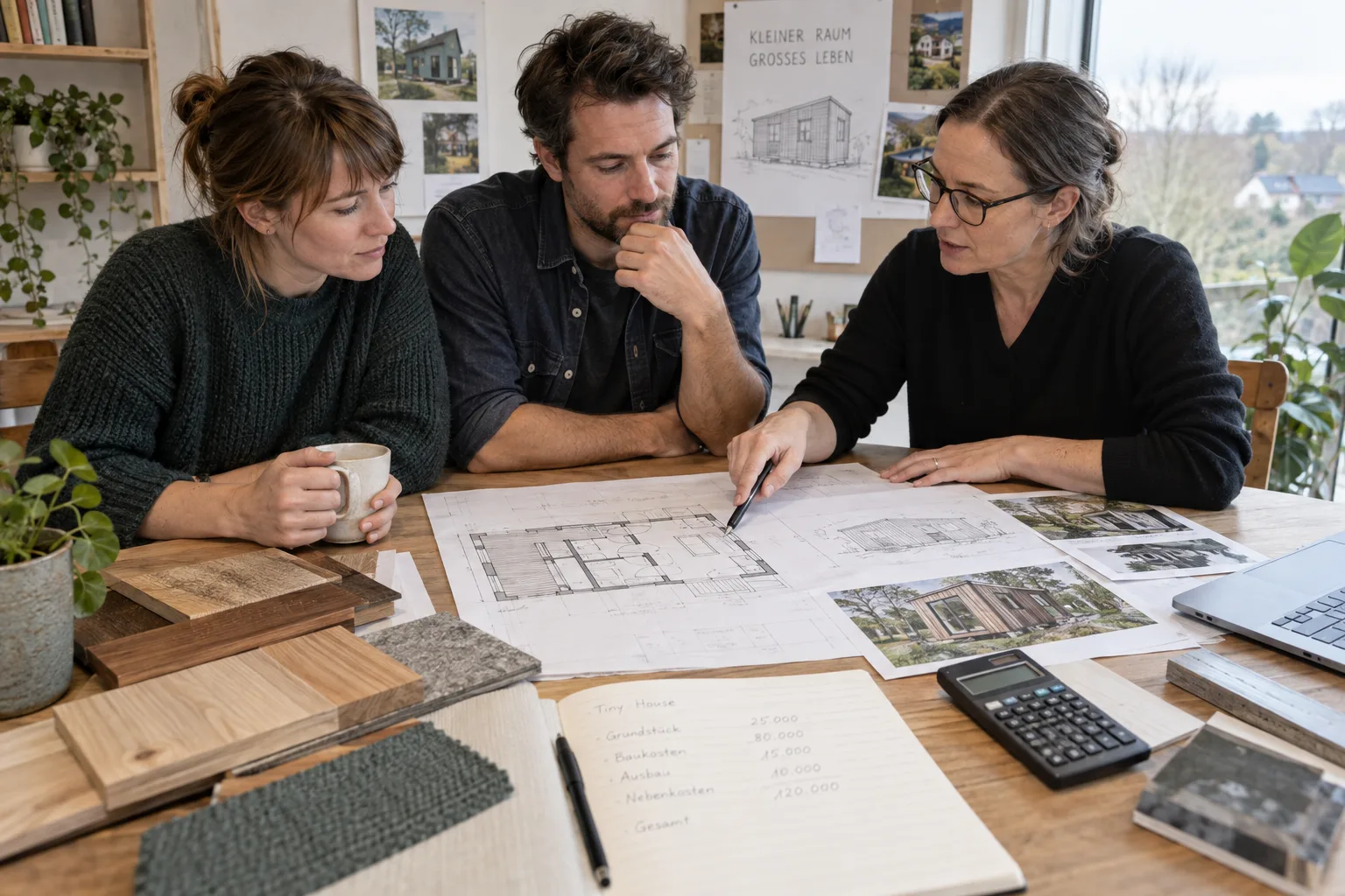 Paar bespricht mit einer Architektin Kosten und Grundriss