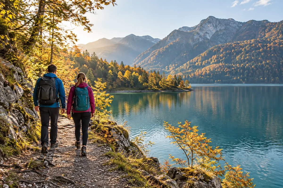 Zwei Wandernde auf einem herbstlichen Weg am See im Salzkammergut