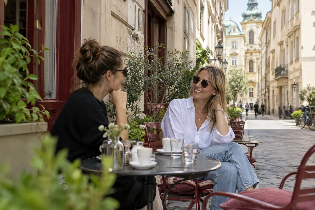 Zwei Frauen unterhalten sich an einem Wiener Straßencafé